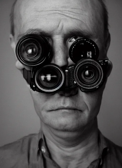 Image similar to studio portrait, man with dozens of eyes on his fave, detailed, horror. dusk, sunset, film photo, rollei 3 5 camera, tri - x film