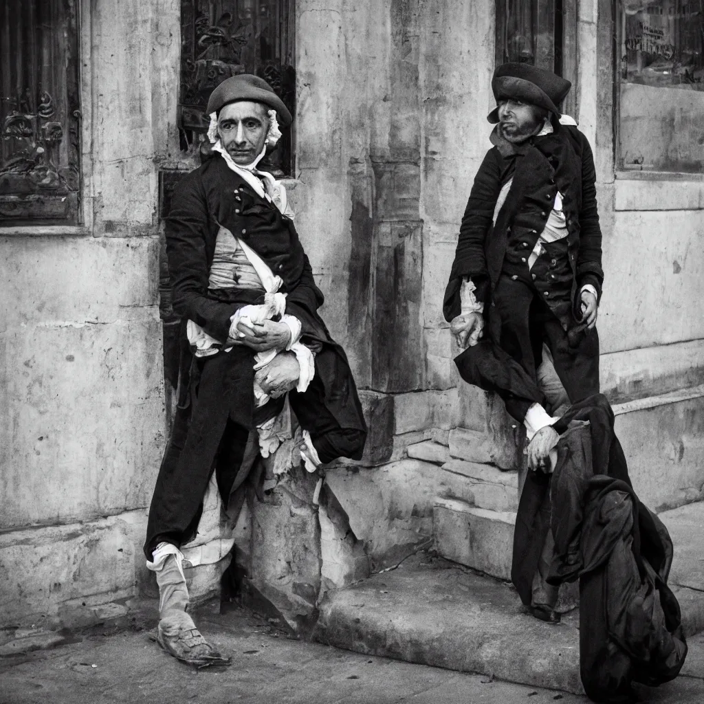 Prompt: 35mm, Black and white portrait of a desperated man in Paris during the 1790s, in the style of Sebastião Salgado Award winning photograph