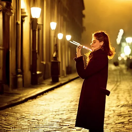 Image similar to A smirking woman in a dark coat lights a cigarette with an ornate gold lighter. She stands in a cobblestone street. The sky is a hazy gray, and her hair resembles a burnished halo. Her eyes are lined with blue kohl that glistens in the light, and her lips are painted red. A chill wind sweeps down the street.