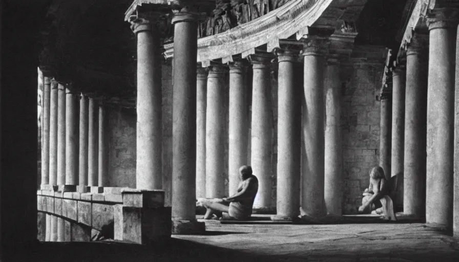 Prompt: 1 9 6 0 s movie still by tarkovsky of an elder socrates in a barque on a aqueduc between two walls with columns, cinestill 8 0 0 t 3 5 mm b & w, high quality, heavy grain, high detail, panoramic, cinematic composition, dramatic light, anamorphic, jacques louis david style, raphael style, piranesi style