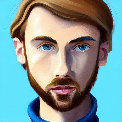 Prompt: gangly man with short blond brown wavy hair, blond brown stubble thin beard, no mustache, English heritage, blue eyes, middle aged, wearing a turtleneck and jacket, pale skin, frowning, narrow face, digital art, painterly, cartoon, cute, 8k, illustration, art by loish, painterly, trending on artstation, medium shot, uncropped