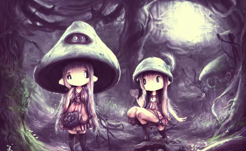 Image similar to cute little girl with an long black hair wearing an mushroom hat in the dark forest next to a sinister monster, cute artwork, clean detailed art, inspired by made in abyss, detailed background, fantastic world