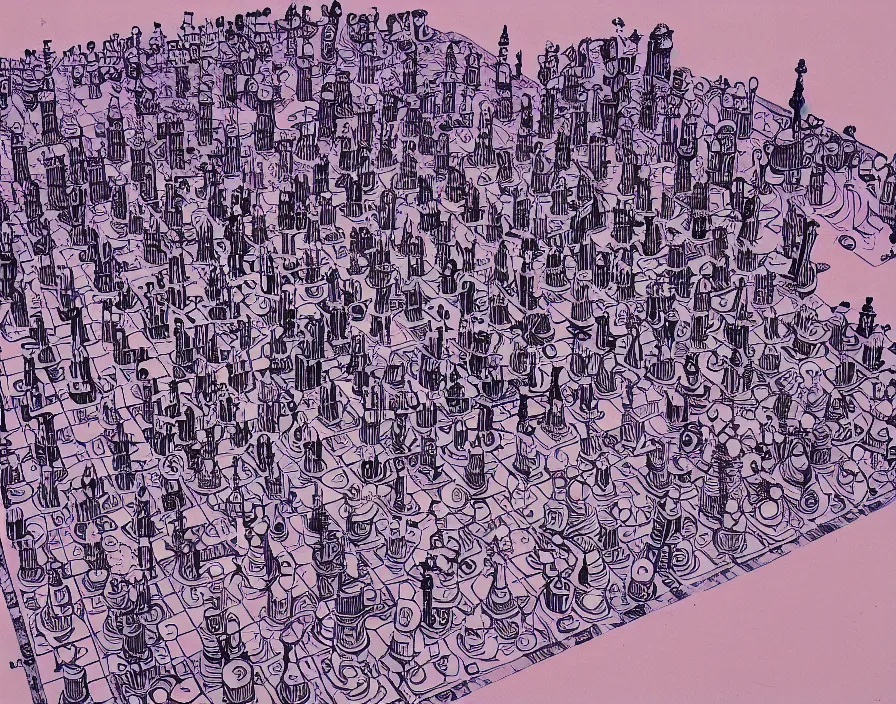 Image similar to risograph drone view of a chess explosion, void, computer glitches