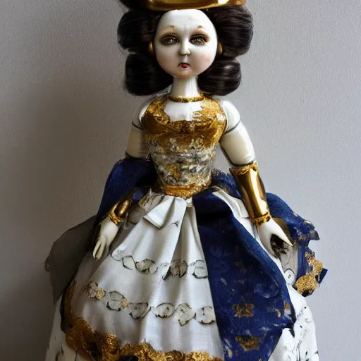 Image similar to ball-jointed doll, porcelain with golden intricate details, dark background