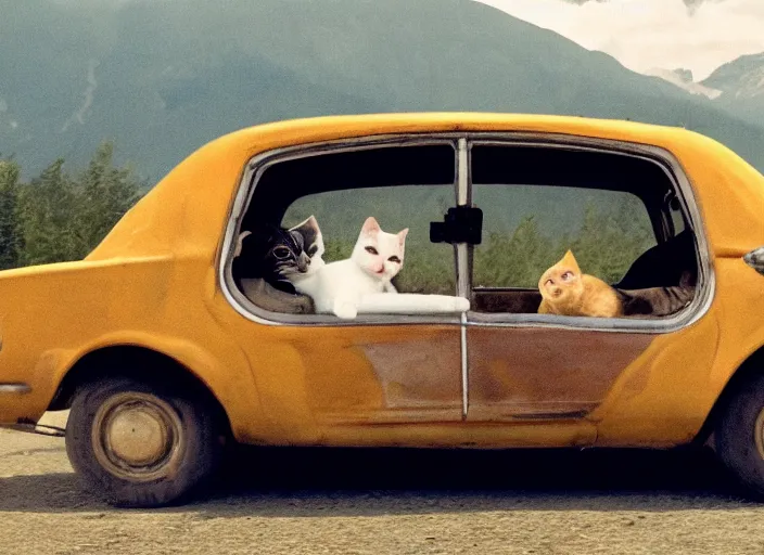 Image similar to A very high resolution image from a new movie, a cat driging around, inside of a car , mountains, Polaroid, directed by wes anderson