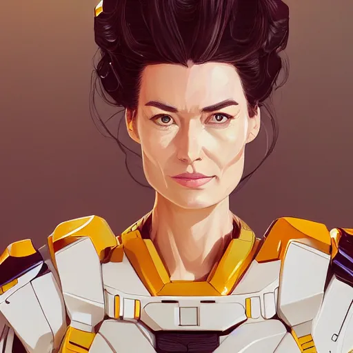 Image similar to a portrait of a stunning beautiful elite lena headey gundam pilot, with an intricate, detailed, urban inspired hiphop afro futuristic helmet, vector behance hd jesper ejsing, rhads, makoto shinkai, lois van baarle, ilya kuvshinov, rossdraws, hd, 3 2 k, ilya kuvshinov, gustav klimt