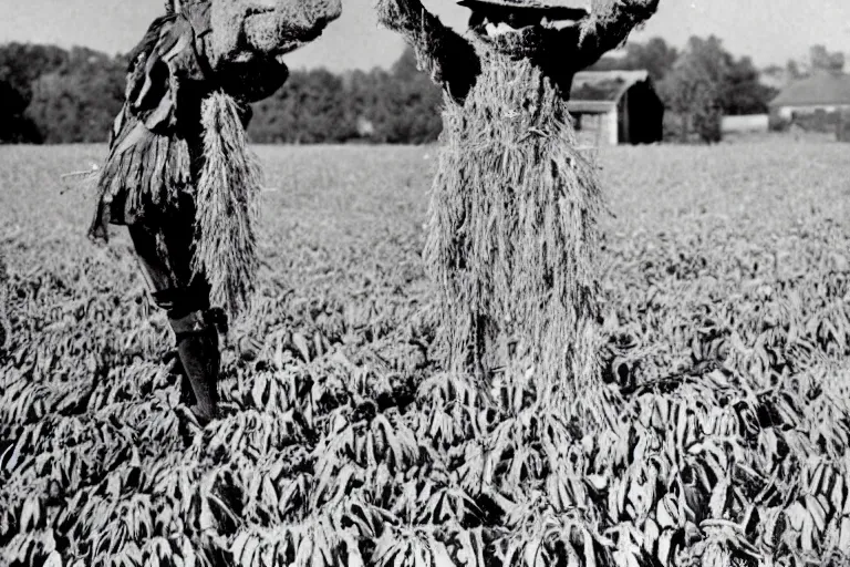 Prompt: frightening scarecrow from the early 1 9 0 0's dancing in the cornfields