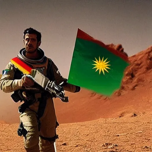 Image similar to kurdish astronaut holding a kurdistan flag in a movie directed by christopher nolan, movie still frame, promotional image, imax 7 0 mm footage