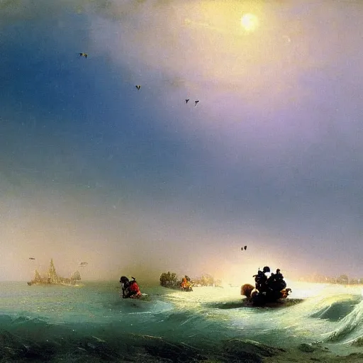 Prompt: Dwarf bees landing in Normandy, 1944, Aivazovsky.