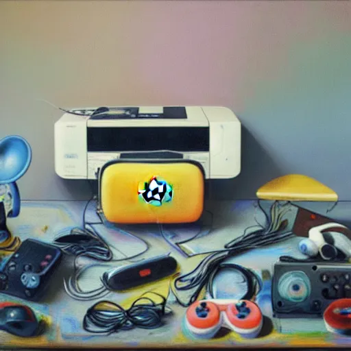 Prompt: a messy heap of electronic equipment including iPhones, vr headset, Nintendo Switch and PlayStation V, oil on canvas painted by Alberto Savinio, surrealism, bright pastel colors, photorealistic