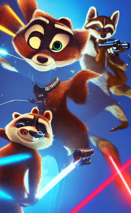 Image similar to “red racoon holding laser gun standing face to face off with blue racoon holding laser gun, cinematic, dramatic in the style of zootopia”