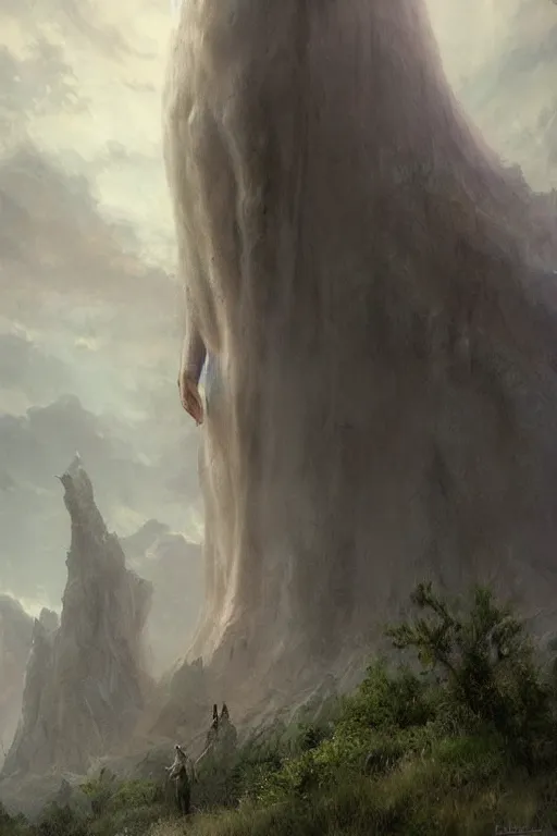 Image similar to a giant ethereal pale humanoid monster looming over a tiny human in an epic landscape, ethereal fantasy, blooodborne, artstation, james gurney