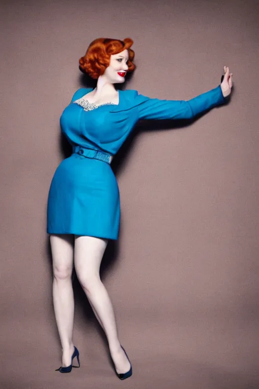 Image similar to full body portrait of christina hendricks in the style of bill medcalf, mario testino, blue sky with a few clouds, retro, 1 9 5 0, 4 k, detailed, 1 / 3 headroom, cinematic rule of thirds