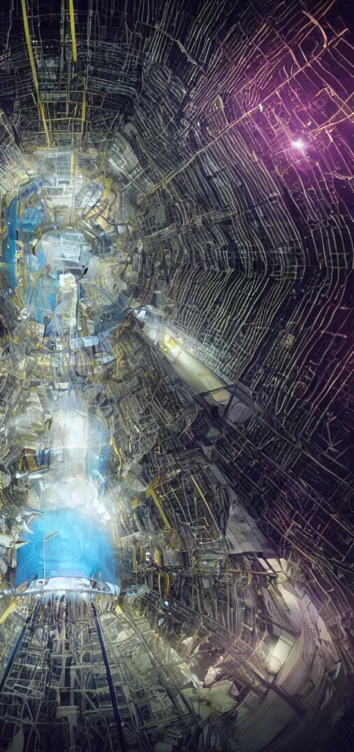 Image similar to wide shot of a man getting trapped inside cern large hadron collider, his body getting pulled apart by particle collision, rendered in octane