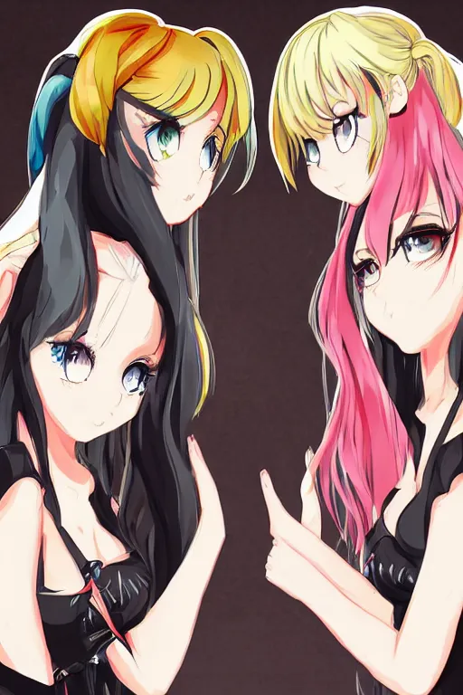 Prompt: a stare down between two beautiful rival female idols, twin tails, detailed anime art