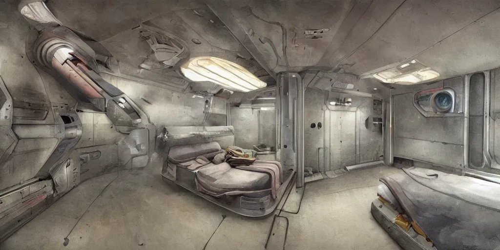 Image similar to faded steel industrial spaceship cramped living quarters painted clean interior room sci - fi