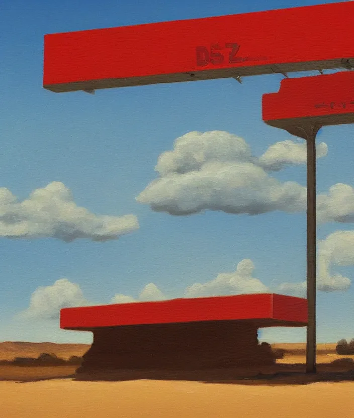 Image similar to a very detailed painting of a billboard in the empty desert, baby blue sky with very aesthetic stylized clouds, in the style of edward hopper, very small brushstrokes, 4 k,