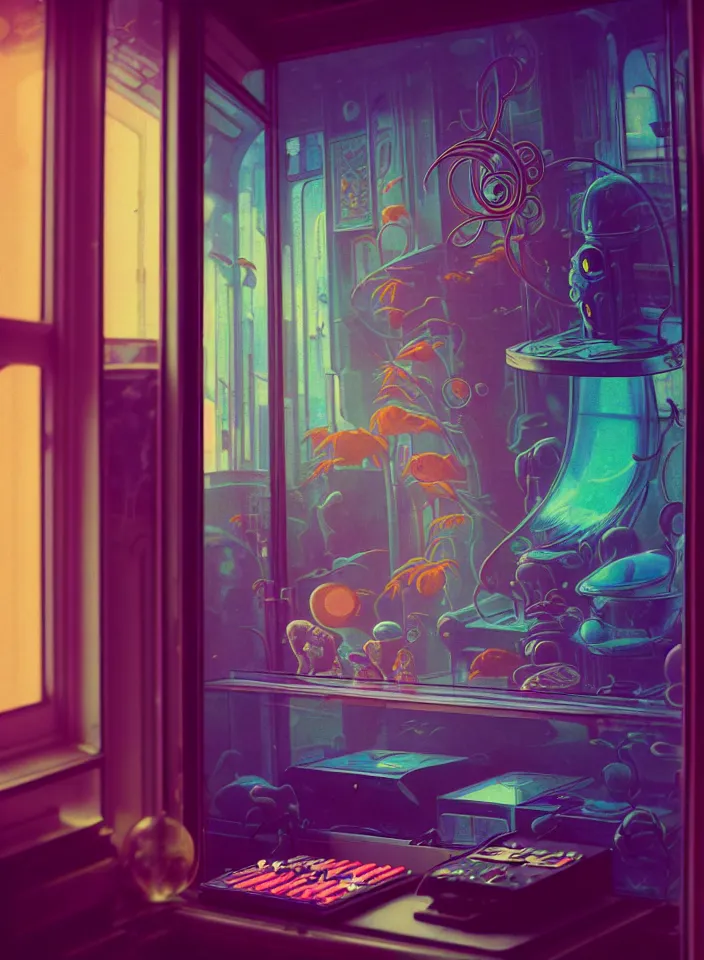 Prompt: telephoto 7 0 mm f / 2. 8 iso 2 0 0 photograph depicting the feeling of chrysalism in a cosy safe cluttered french sci - fi ( art nouveau ) cyberpunk apartment in a pastel dreamstate art cinema style. ( typing ) ( ( fish tank ) ), ambient light.