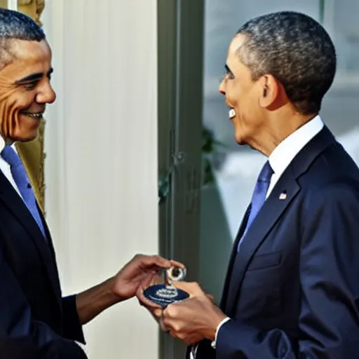 Prompt: Mario Draghi gives a medal to Barack Obama