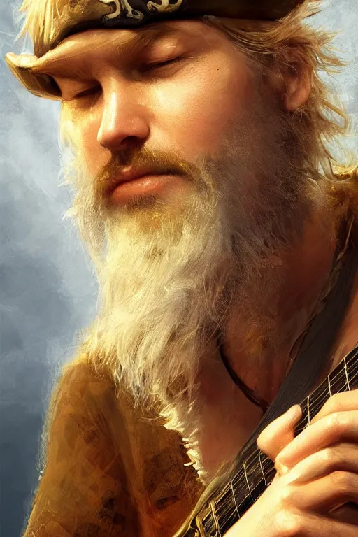 Image similar to blonde wild hair beard man, pirate eye - patch, playing guitare, close - up portrait, powerfull, intricate, elegant, volumetric lighting, scenery, digital painting, highly detailed, artstation, sharp focus, illustration, concept art, ruan jia, steve mccurry