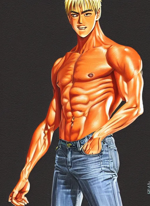 Image similar to Portrait of Onizuka from GTO wearing only jeans , masculine and muscular, both fist closed, intricate body, whole body highly detailed, digital painting, artstation, concept art, smooth, sharp focus, illustration, art by Hajime Sorayama