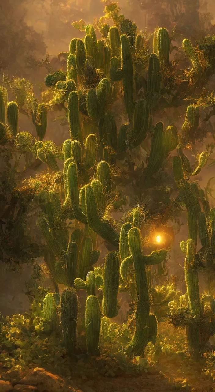 Prompt: steampunk cactus, james gurney, thomas kinkade, cinematic lighting, artstation, vibrant nature, tuomas korpi, tekkon kinreet, volumetric light, artstation,, octane render, redshift render, low angle camera, rich deep moody colors