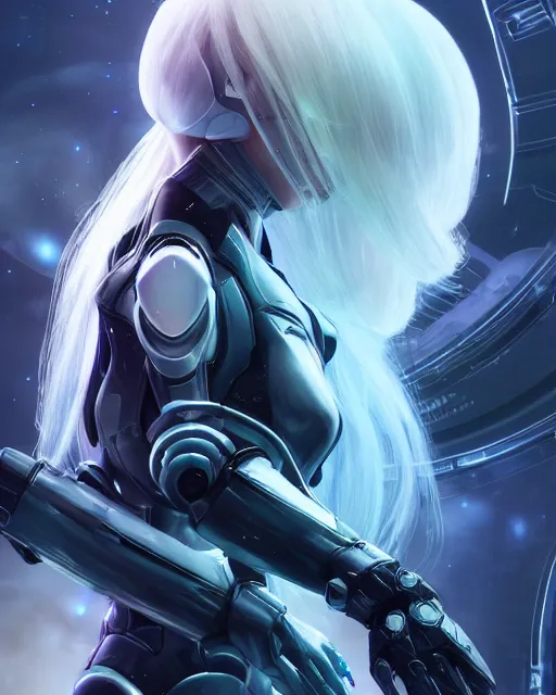 Image similar to perfect android girl on a mothership, warframe armor, beautiful face, scifi, futuristic, galaxy, nebula, raytracing, dreamy, long white hair, blue cyborg eyes, sharp focus, cinematic lighting, highly detailed, artstation, divine, by gauthier leblanc, kazuya takahashi, huifeng huang