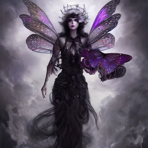 Prompt: tom bagshaw, soft painting fractal curiosities carnival, beautiful fairy winged butterfly hybrid mutation in full nightshade gothic armor, accurate features, focus, very intricate ultrafine details, black white purple volumetric clouds, award winning masterpiece, octane render 8 k hd