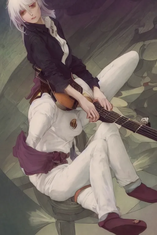 Image similar to a white haired girl with a guitar on her back sitting on the floor taking off her socks, 4 5 angel by krenz cushart and mucha and akihito yoshida and greg rutkowski, 4 k resolution blackmagic ursa mini pro 1 2 k canon fujifilm sony alpha nikon