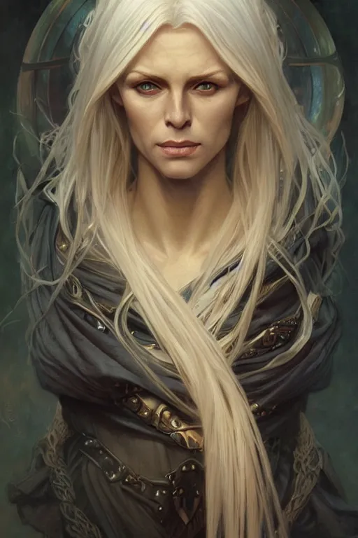 Image similar to portrait of an old blonde elven mage, dark, piercing eyes, gentle expression, elegant clothing, photorealistic, highly detailed, artstation, smooth, sharp focus, art by michael whelan, artgerm, greg rutkowski and alphonse mucha