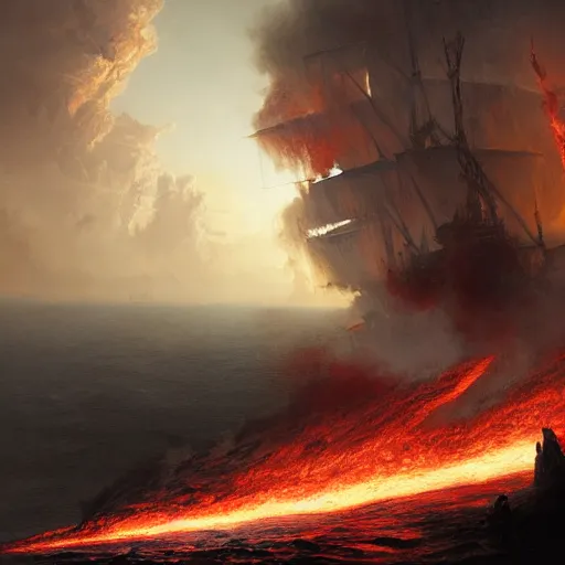 Image similar to pirate ship going to hell, warm temperature, red lightning, sea of lava, hyperdetailed, artstation, cgsociety, by greg rutkowski, by Gustave Dore