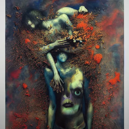 Image similar to A 3D render of music, industries, toxic waste, gothic, rich deep colors. Beksinski painting, part by Adrian Ghenie and Gerhard Richter. art by Takato Yamamoto. masterpiece