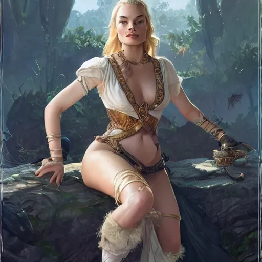 Image similar to Margot Robbie as slave open legs, D&D, fantasy, intricate, elegant, highly detailed, digital painting, artstation, concept art, matte, sharp focus, illustration, hearthstone, art by Artgerm and Greg Rutkowski and Alphonse Mucha