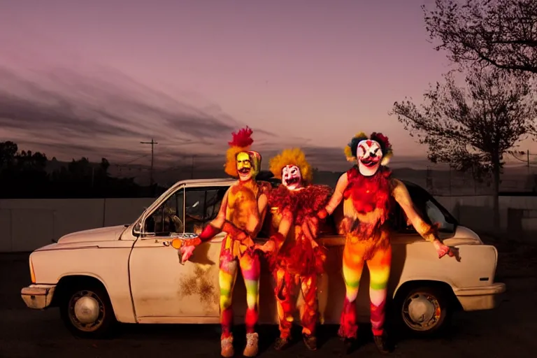 Image similar to 2 0 clowns leaving a clowncar at a california drive in, in 2 0 1 2, cutecore clowncore, bathed in the the glow of the sunset, low - light photograph, in style of tyler mitchell