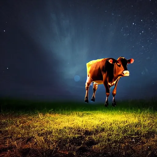 Image similar to a cow flying at night, flashlight, creepy, cinematic dramatic atmosphere, smooth, sharp focus, cinematic shot, movie scene, horror movie