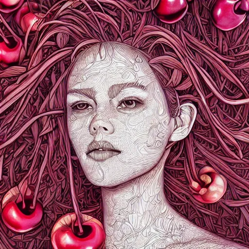 Image similar to the portrait of an incredibly beautiful woman made of onions and cherries, an ultrafine detailed illustration by james jean, final fantasy, intricate linework, bright colors, behance contest winner, vanitas, angular, altermodern, unreal engine 5 highly rendered, global illumination, radiant light, detailed and intricate environment