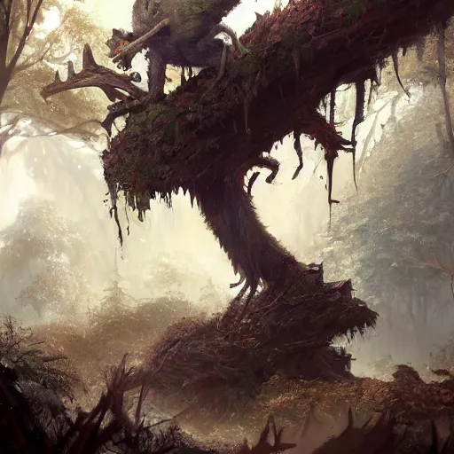 Image similar to a rat creature, in the shape of a tree, in a corrupted forest, by greg rutkowski, trending on art station, highly detailed, magic the gathering, matte painting