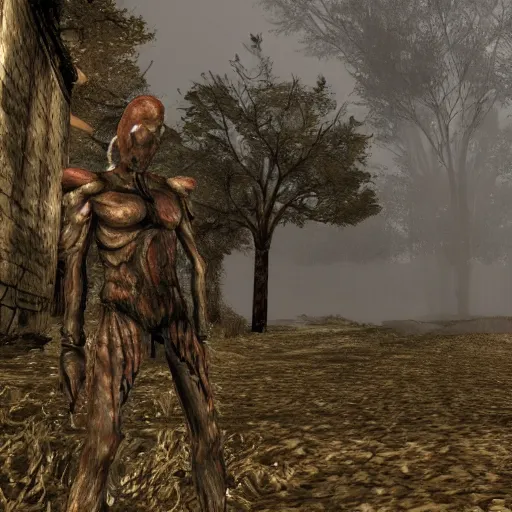 Image similar to half silent hill half morrowind, realistic, highly detailed