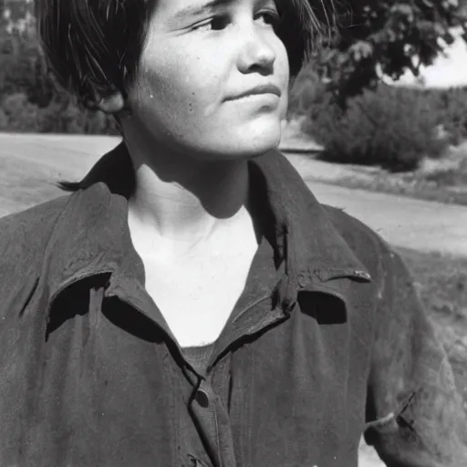 Prompt: photo of a young woman photo by Dorothea Lange