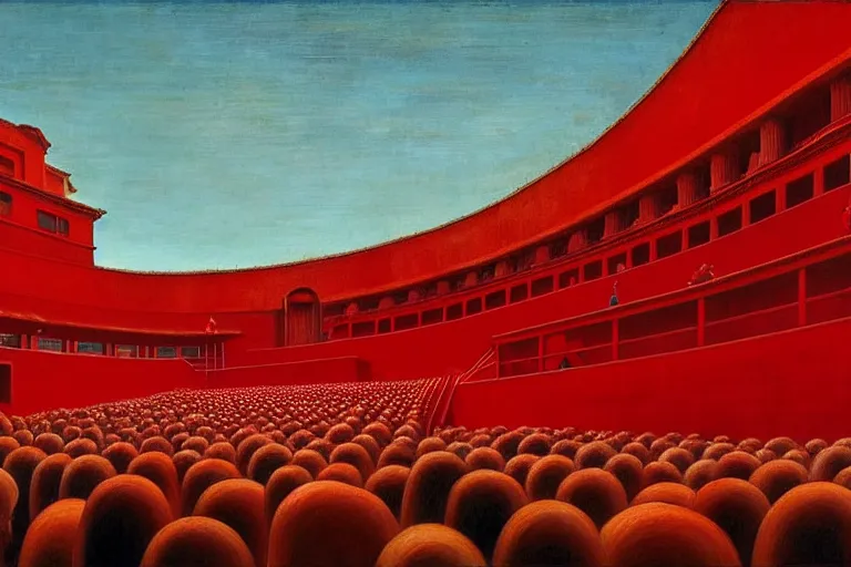 Image similar to only with red, a red great emperor, taormina amphitheatre, crowd with big smile, in the style of beksinski, parts by edward hopper, parts by rodcenko, parts by yue minjun, intricate and epic composition, red by caravaggio, insanely quality, highly detailed, masterpiece, red light, artstation, 4 k