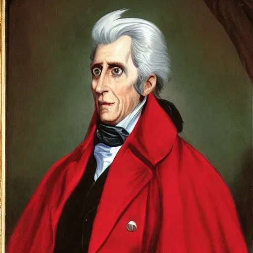 Image similar to presidential portrait of andrew jackson as a vampire, with long canine teeth, and a high - collared cape