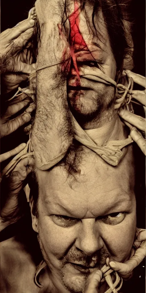 Image similar to award winning photo of lars von tied up crying, vivid colors, happy, symmetrical face, beautiful eyes, studio lighting, wide shot art by sally mann & arnold newman