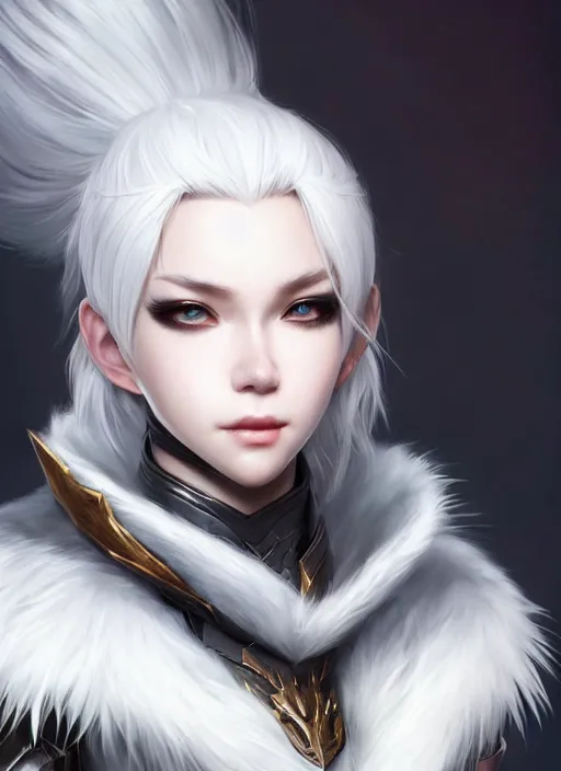 Image similar to fur - lined armor!!! beautiful and elegant white haired female!! gorgeous ayes!! character concept art, sharp focus, octane render! unreal engine 5! highly rendered!! trending on artstation!! detailed linework!! illustration by artgerm, wlop and chie yoshii