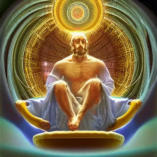 Image similar to god sitting in the center of the multi dimensional latent space conceptualizing our collectively designed divine imaginations