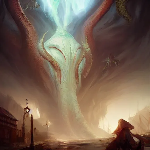 Image similar to gigantic cthulhu, small village for size comparison, dramatic light, painted by stanley lau, painted by greg rutkowski, painted by stanley artgerm, digital art, trending on artstation