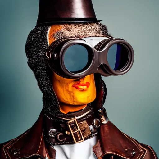 Image similar to anthropomorphic goose wearing steampunk leather goggles, leather facial mask, a long leather coat, dramatic lighting, full body shot, sigma 5 0 mm