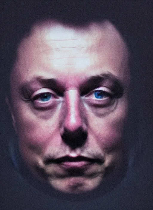 Image similar to dark photo of dark blue rainy bedroom window at night, dimly lit creepy face of elon musk staring in through the window, horror, scary face,