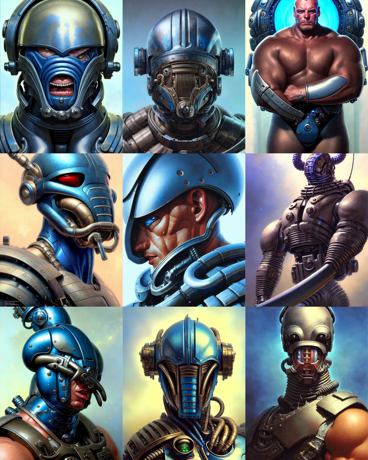 Prompt: solid thick super muscly male portrait, blue helmet, large metal jaw, trapjaw, ultra realistic, intricate details, the fifth element artifacts, highly detailed by peter mohrbacher, allen williams, hajime sorayama, wayne barlowe, boris vallejo, aaron horkey, gaston bussiere, craig mullins