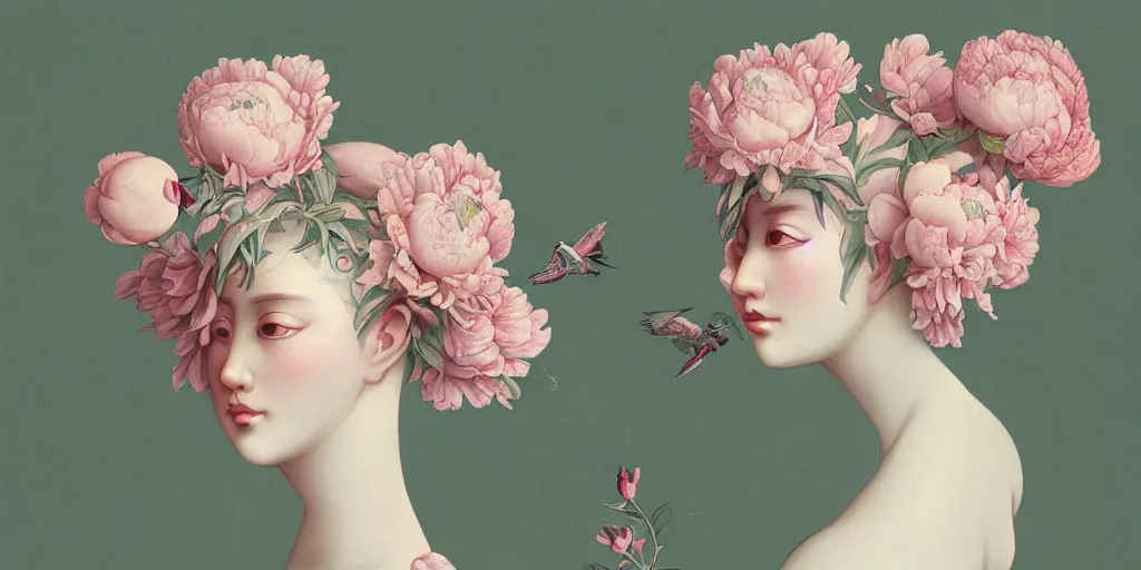 Image similar to breathtaking detailed concept art painting blend of pink short hair goddesses of peonies by hsiao - ron cheng with anxious piercing eyes, vintage illustration pattern with bizarre compositions blend of flowers and fruits and birds by beto val and john james audubon, exquisite detail, extremely moody lighting, 8 k