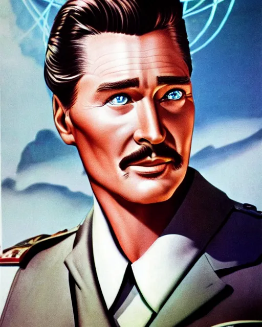 Image similar to Errol Flynn as a scientist. 1980s dystopian Soviet Russia, propaganda screens. Unreal engine, fantasy art by Betty Jiang. Faithfully depicted facial expression, perfect anatomy global illumination, radiant light, detailed and intricate environment